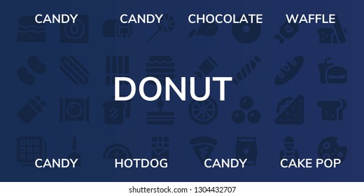 donut icon set. 32 filled donut icons. on blue background style Simple modern icons about  - Candy, Chocolate, Waffle, Hotdog, Cake pop, Snack cake, Cookie, Bread, Pastry, Sweet