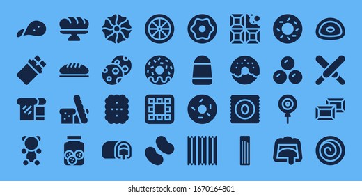 donut icon set. 32 filled donut icons. Included Snack, Chocolate, Bread, Gummy bear, Baguette, Cookies, Cookie, Snack cake, Candy, Donut, Waffle, Doughnut, Churros, Bagel icons