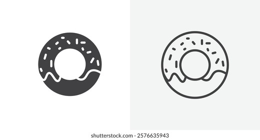 Donut icon set in black flat solid and outlined style.