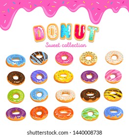 Donut icon set in cartoon style with donut text and dripping pink glaze background. Colorful doughnuts with different glaze. Vector sweet illustration