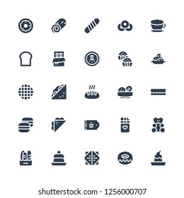 donut icon set. Collection of 25 filled donut icons included Pudding, Donut, Sandwich, Bread, Gummy bear, Chocolate bar, Bakery, Macaron, Waffle, Bonbon, Chocolate, Latte, Doughnut