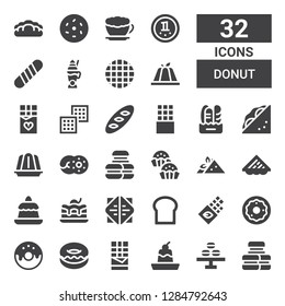 donut icon set. Collection of 32 filled donut icons included Macarons, Macaron, Pudding, Chocolate, Donut, Bread, Sandwich, Brownie, Bonbon, Jelly, Chocolate bar, Waffle, Latte
