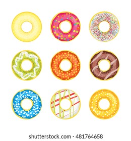 Donut Icon Set on a Light Background. Different Sweet Dessert. Flat Design Style. Vector illustration of donuts icons 