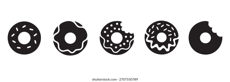 Donut Icon Set Silhouette Vector Bite Marks, Sprinkles, Frosting, Minimal Food Clipart on White Background 