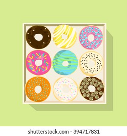 Donut icon set. Donut vector illustration. Donut isolated on a light background. Donut icon in a flat style. Donuts into the glaze set. Collection of sweet donuts isolated. Donuts icing sugar.