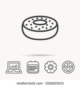 Donut icon. Sweet doughnuts sign. Breakfast dessert symbol. Notebook, Calendar and Cogwheel signs. Download arrow web icon. Vector