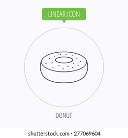 Donut icon. Sweet doughnuts sign. Breakfast dessert symbol. Linear outline circle button. Vector