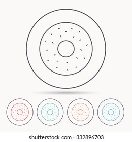 Donut icon. Sweet doughnuts sign. Breakfast dessert symbol. Linear circle icons.