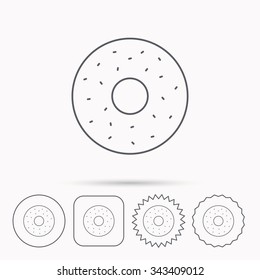 Donut icon. Sweet doughnuts sign. Breakfast dessert symbol. Linear circle, square and star buttons with icons.