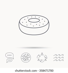 Donut icon. Sweet doughnuts sign. Breakfast dessert symbol. Global connect network, ocean wave and chat dialog icons. Teamwork symbol.