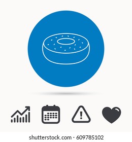 Donut icon. Sweet doughnuts sign. Breakfast dessert symbol. Calendar, attention sign and growth chart. Button with web icon. Vector