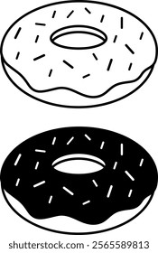 Donut Icons. Black and White Vector Illustration. Round Fried Bakery Product with Icing. Tasty Food. Fast Food Concept