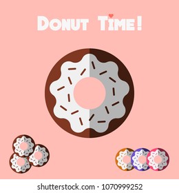 Donut icons in flat design with different sugar creams and donut time text.