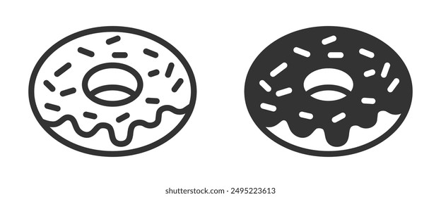 Donut icons with icing and sprinkles in outline and silhouette styles. Ideal for bakery, dessert, and food themes. Vector illustration.