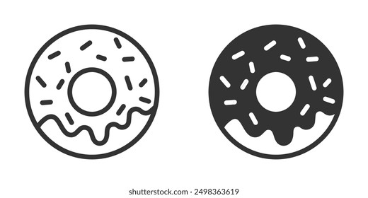 Iconos de donut con glaseado y aspersiones en estilos de contorno y silueta. Perfecto para panadería, postre y temas de comida. Ilustración vectorial.