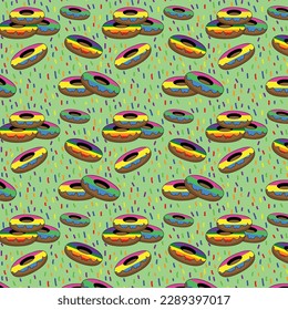 Donut Icons Rainbow Vector Seamless Pattern, Pansexual Pride Wallpaper, Wrap Paper, LGBT Multicolour Repeating Background