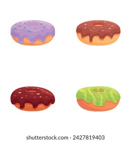 Donut icons set cartoon vector. Glazed colorful sweet donut. Dessert, sweet food