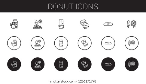 donut icons set. Collection of donut with breakfast, chocolate, candy, baguettes, sweets. Editable and scalable donut icons.