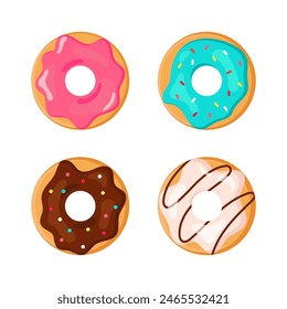 Donut icons set. Sweet bakery in hand drawn style. Donuts glazed dessert collection. Donuts with pink glaze and chocolate, colored glaze. Food icons set for packaging design