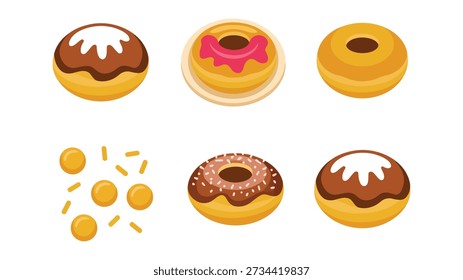 Donut icons vector set with glazed rings, jelly filling, sugar frosting, icing drizzle, crumbs, bakery dessert illustration for cafe branding