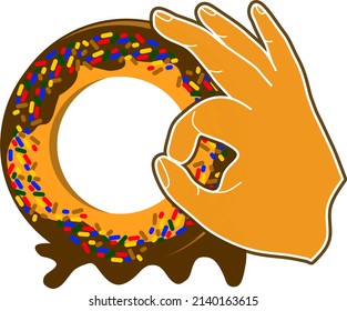 Donut illustration With cartoon hand, symbols of food shops, restaurants, cafes, snacks and others.
