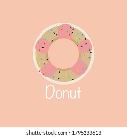 Donut illustration  Topped with pink cream and sugar flakes . placed on a pastel orange background.