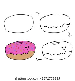 donut illustration vector design, donut drawing steps, donut drawing tutorial for kids