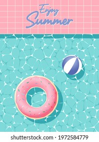 Donut Inflatable floating in the pool with 3d and paper art style and pastel color vector illustration