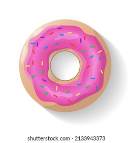 Donut isolated background. Cute pink donut. Colorful and glossy donut with pink glaze and multicolored powder. Realistic vector illustration