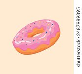 Donut isolated on purple background. Cute, colorful and glossy donuts with pink glaze and multicolored powder. Simple modern design. Vector illustration.