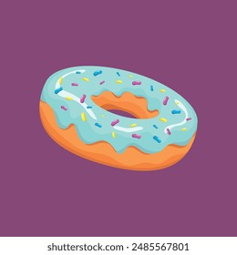 Donut isoliert auf lila Hintergrund. Süße, bunte und glänzende Donuts mit rosa Glasur und mehrfarbigem Pulver. Einfaches, modernes Design. Vektorillustration.