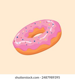 Donut isolated on purple background. Cute, colorful and glossy donuts with pink glaze and multicolored powder. Simple modern design. Vector illustration.