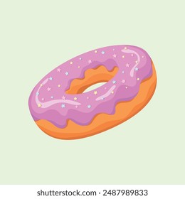 Donut isoliert auf lila Hintergrund. Süße, bunte und glänzende Donuts mit lila Glasur und mehrfarbigen Sternen. Einfaches, modernes Design. Vektorillustration.