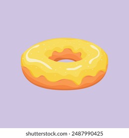 Donut isoliert auf lila Hintergrund. Süße, bunte und glänzende Donuts mit gelber Glasur und Kokosnusssprenkeln. Einfaches, modernes Design. Vektorillustration.