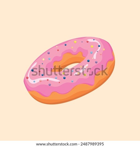 Donut isolated on purple background. Cute, colorful and glossy donuts with pink glaze and multicolored powder. Simple modern design. Vector illustration.
