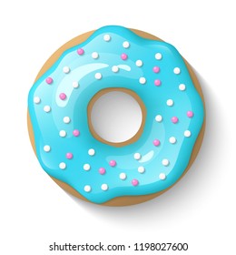 Donut isolated on a white background. Cute, colorful and glossy donuts with blue turquoise glaze and multicolored powder. Simple modern design. Realistic vector illustration.