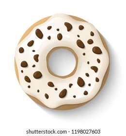 Donut isolated on a white background. Cute, colorful and glossy donuts with white vanilla glaze and chocolate powder. Simple modern design. Realistic vector illustration.