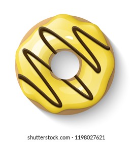 Donut isolated on a white background. Cute, colorful and glossy donuts with yellow glaze and chocolate. Simple modern design. Realistic vector illustration.