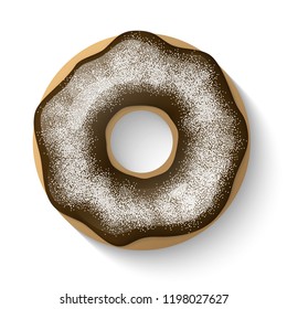 Donut isolated on a white background. Cute, colorful and glossy donuts with chocolate glaze and white powder. Simple modern design. Realistic vector illustration.