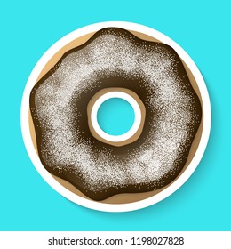 Donut isolated on a white background. Cute, colorful and glossy donuts with chocolate glaze and white powder. Realistic sticker. Icon or logo. Simple modern design. Realistic vector illustration.