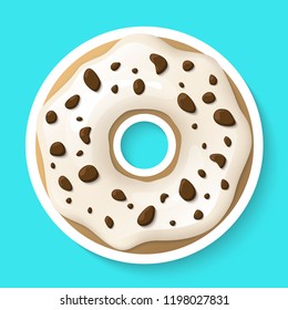 Donut isolated on a white background. Cute, colorful and glossy donuts with white vanilla glaze and chocolate powder. Realistic sticker. Simple modern design. Realistic vector illustration.