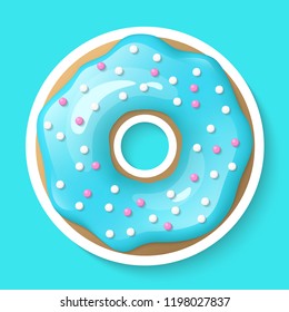 Donut isolated on a white background. Cute, colorful and glossy donuts with blue turquoise glaze and multicolored powder. Realistic sticker. Simple modern design. Realistic vector illustration