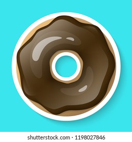 Donut isolated on a white background. Cute, colorful and glossy donuts with chocolate glaze and powder. Realistic sticker. Icon or logo. Simple modern design. Realistic vector illustration.