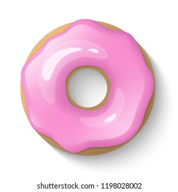 Donut isolated on a white background. Cute, colorful and glossy donuts with pink glaze and powder. Simple modern design. Realistic vector illustration.