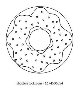 Donut isolated on white background. Vector illustration in a doodle style. Line art. Perfect for restaurant menu design, cafe, kitchen, web site, print on the cloth. Appetizing food image.