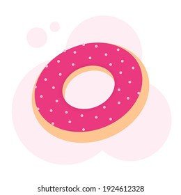Donut isolated on a white background. Donuts with pink glaze and light pink powder. Simple, cute design. Flat vector illustration.