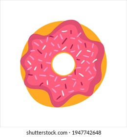 Donut isolated on a white background. Cute, colorful and glossy donuts with pink icing and colorful powder, children's vector illustration.