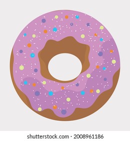 Donut isolated on a white background. Cute, colorful and glossy donuts with pink glaze and multicolored powder. Simple modern design. Vector illustration.