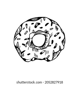 Donut isolated on white background. Vector illustration in a doodle style. Line art. Perfect for restaurant menu design, cafe, kitchen, web site, print on the cloth. Appetizing food image. Eps10.