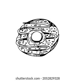 Donut isolated on white background. Vector illustration in a doodle style. Line art. Perfect for restaurant menu design, cafe, kitchen, web site, print on the cloth. Appetizing food image. Eps10.